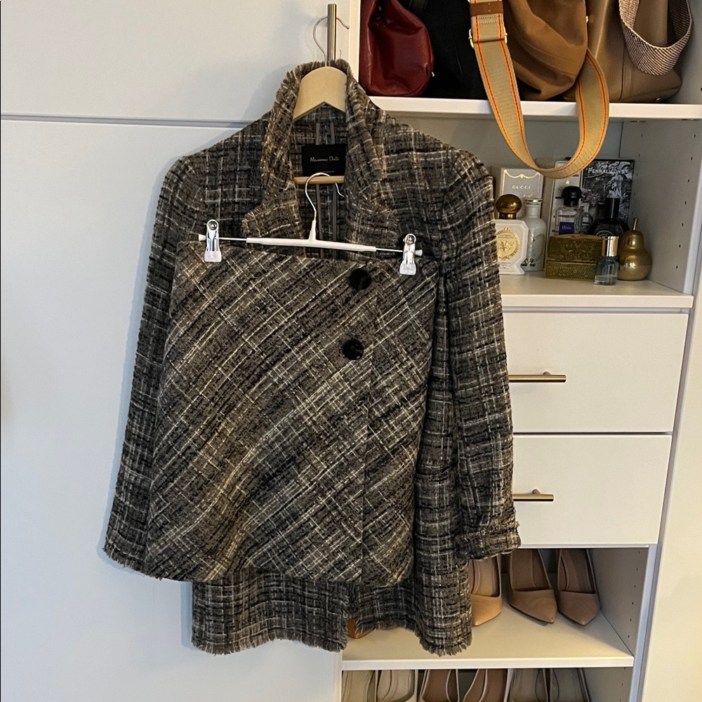 Massimo Dutti Black & Gray Plaid Double-Breasted Jacket and skirt